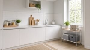 Organized small rental kitchen with storage zones