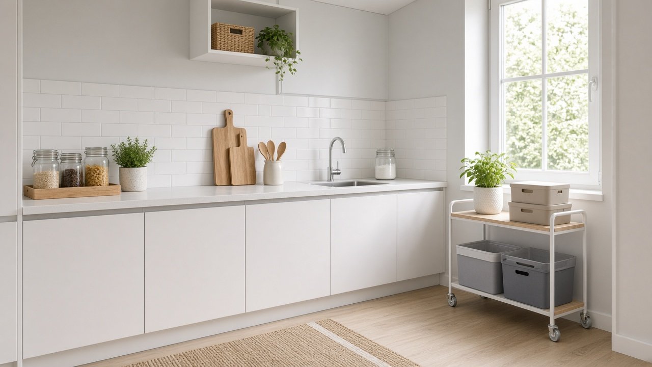Organized small rental kitchen with storage zones