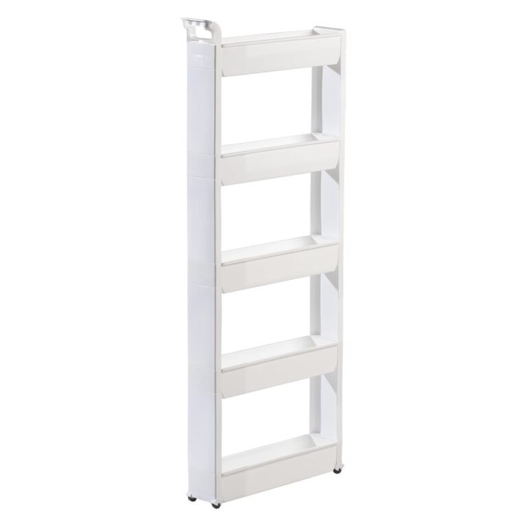 Slim 5-tier rolling cart for tight gaps beside a rental fridge