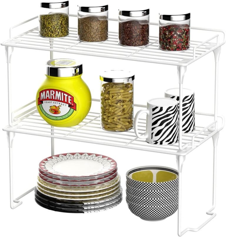 Stackable wire shelf risers doubling cabinet space in a small kitchen