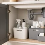 Organized under-sink cabinet with plumbing and storage bins