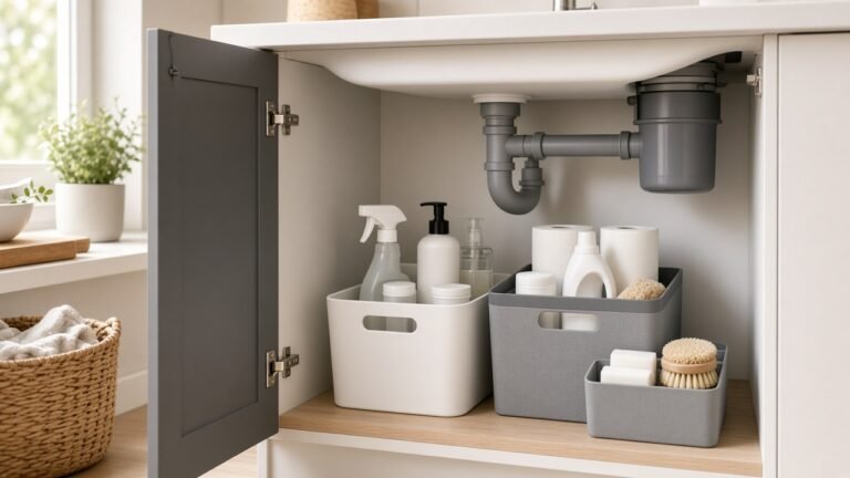Organized under-sink cabinet with plumbing and storage bins