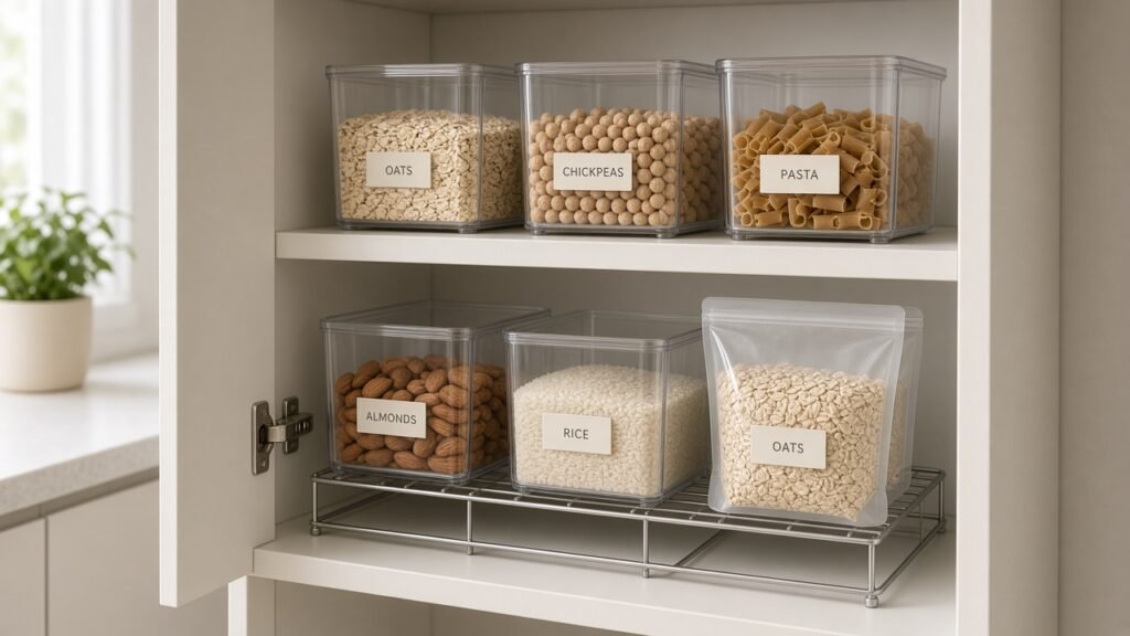 Freestanding clear pantry bins and a wire shelf riser inside a small rental kitchen cupboard