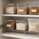 Freestanding clear pantry bins and a wire shelf riser inside a small rental kitchen cupboard