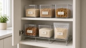 Freestanding clear pantry bins and a wire shelf riser inside a small rental kitchen cupboard