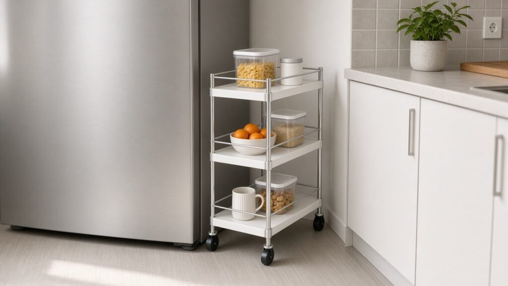 Slim rolling utility cart tucked into a narrow gap beside an apartment kitchen refrigerator
