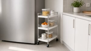 Slim rolling utility cart tucked into a narrow gap beside an apartment kitchen refrigerator