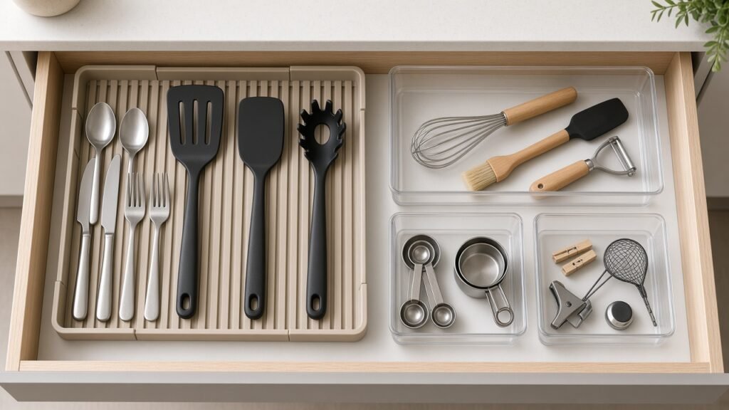 Expandable utensil trays and modular bins inside a tiny rental kitchen drawer