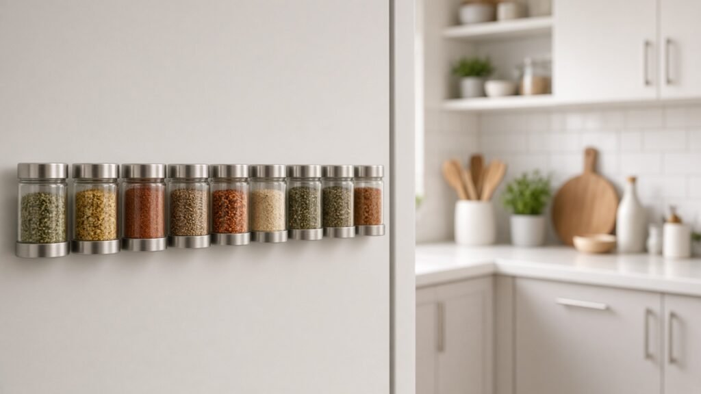 Magnetic spice jars lined up on the side of a refrigerator in a rental kitchen