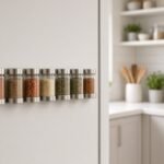 Magnetic spice jars lined up on the side of a refrigerator in a rental kitchen