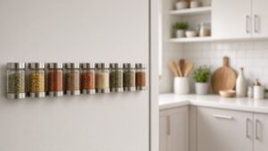 Magnetic spice jars lined up on the side of a refrigerator in a rental kitchen