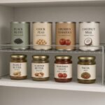 Wire shelf riser with cans in a small rental cabinet
