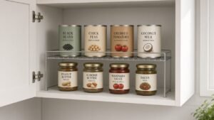 Wire shelf riser with cans in a small rental cabinet