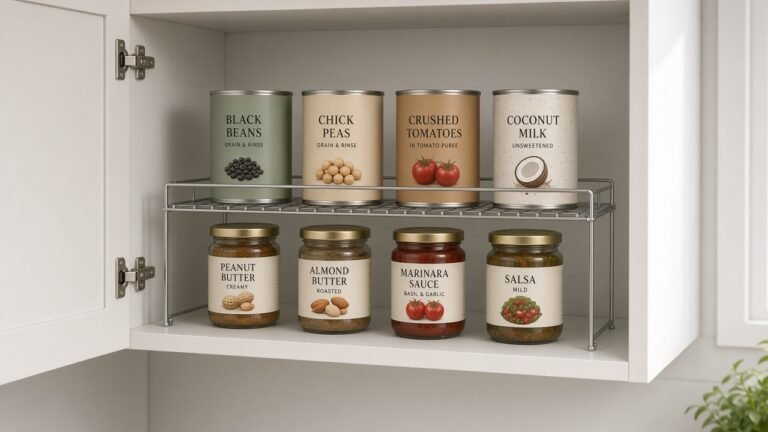Wire shelf riser with cans in a small rental cabinet