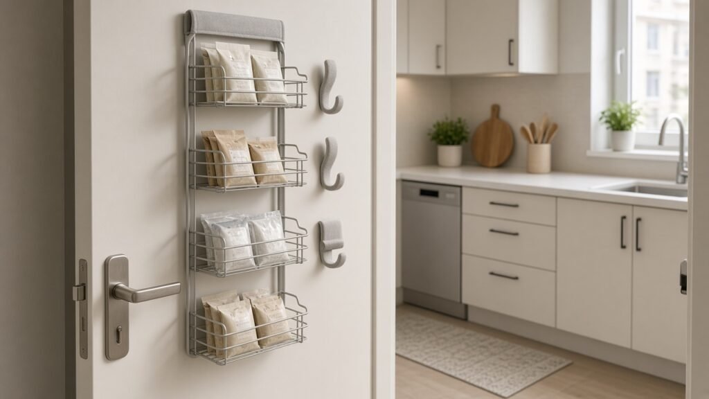Slim over-the-door pantry organizer on apartment door