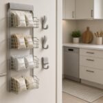 Slim over-the-door pantry organizer on apartment door