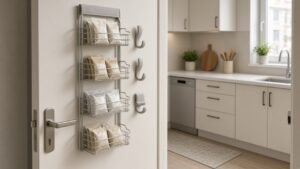 Slim over-the-door pantry organizer on apartment door