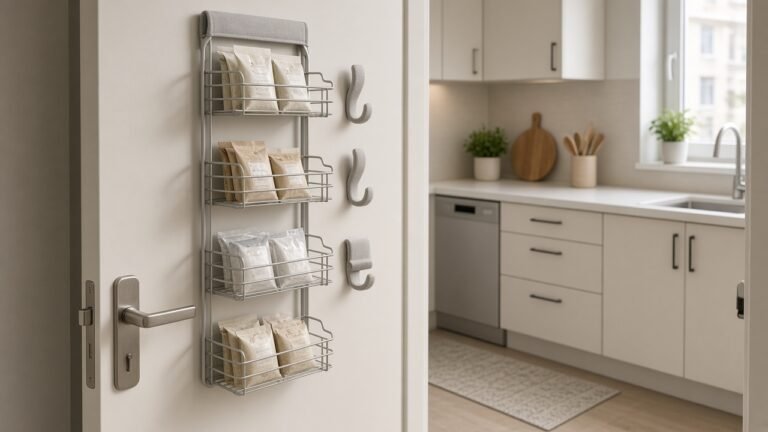 Slim over-the-door pantry organizer on apartment door