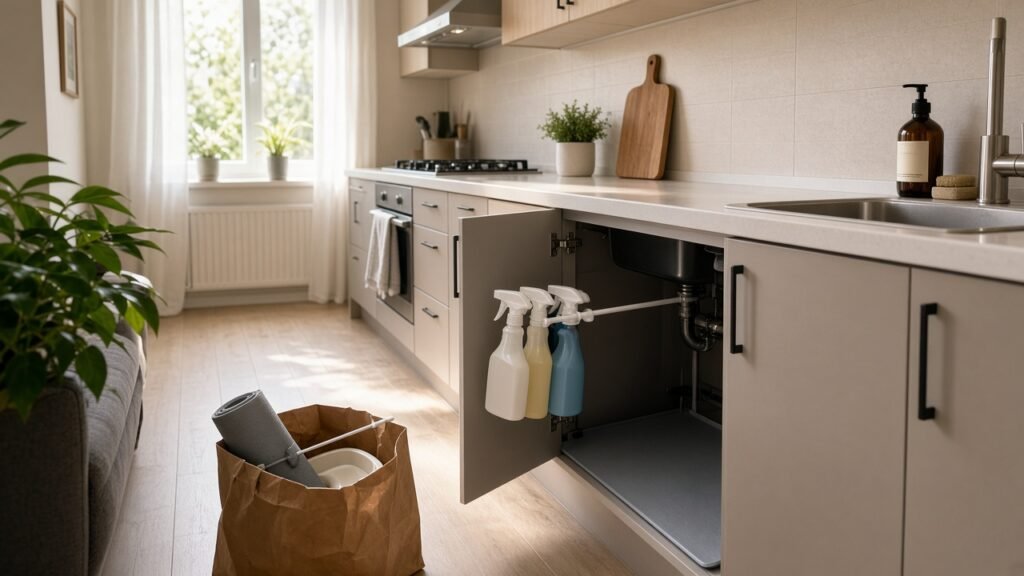 Small apartment kitchen reset with under-sink mat and tension rod