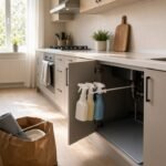 Small apartment kitchen reset with under-sink mat and tension rod
