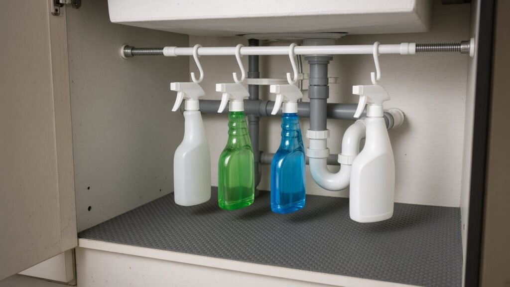 Tension rod hanging spray bottles under sink with waterproof mat