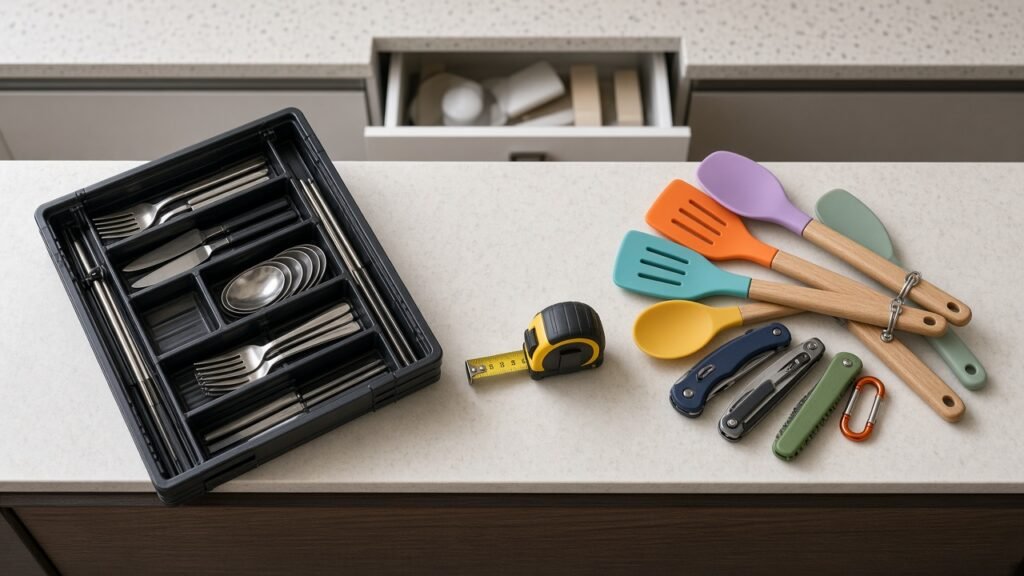 Expandable drawer organizer next to nested utensils on counter