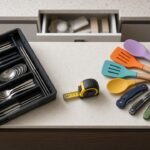 Expandable drawer organizer next to nested utensils on counter
