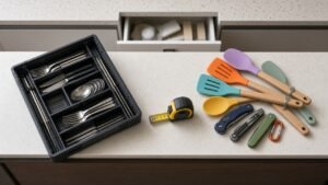Expandable drawer organizer next to nested utensils on counter