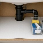 Waterproof under-sink mat with clear side bins around P-trap