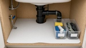 Waterproof under-sink mat with clear side bins around P-trap