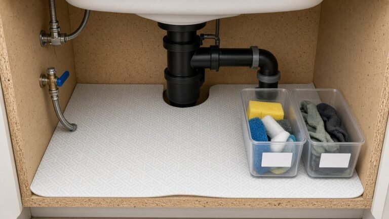 Waterproof under-sink mat with clear side bins around P-trap