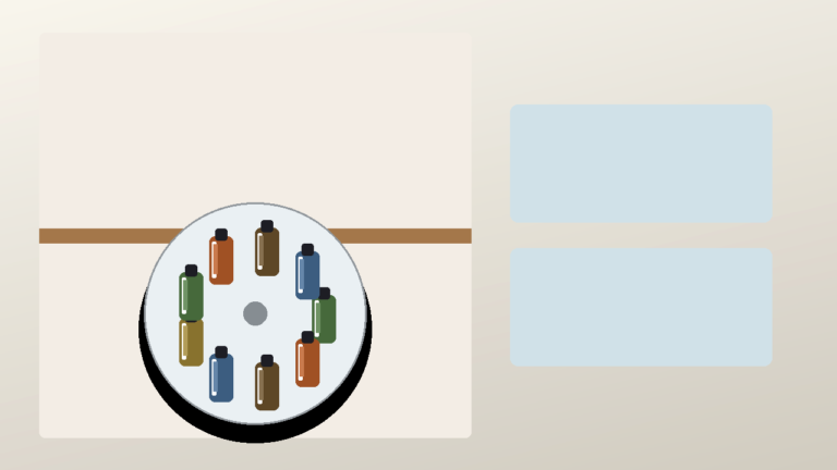Rimmed lazy Susan turntable with oil bottles in an apartment pantry corner cupboard