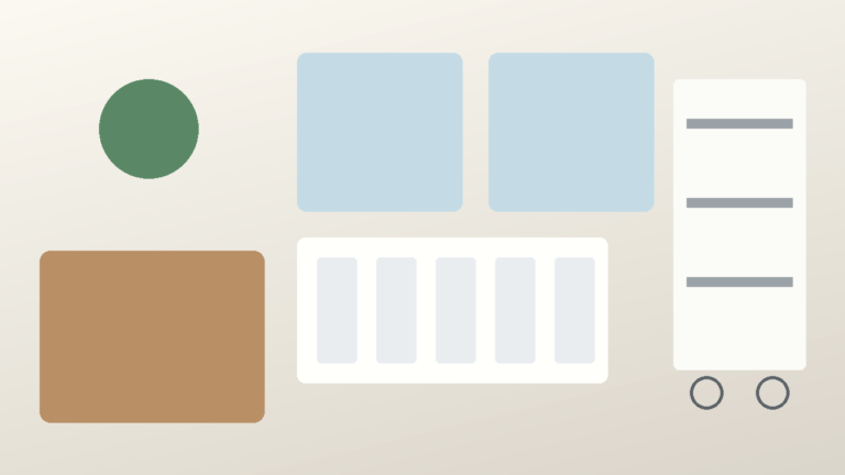 Flat lay of deposit-safe kitchen storage: mat, clear bins, expandable tray, and slim rolling cart