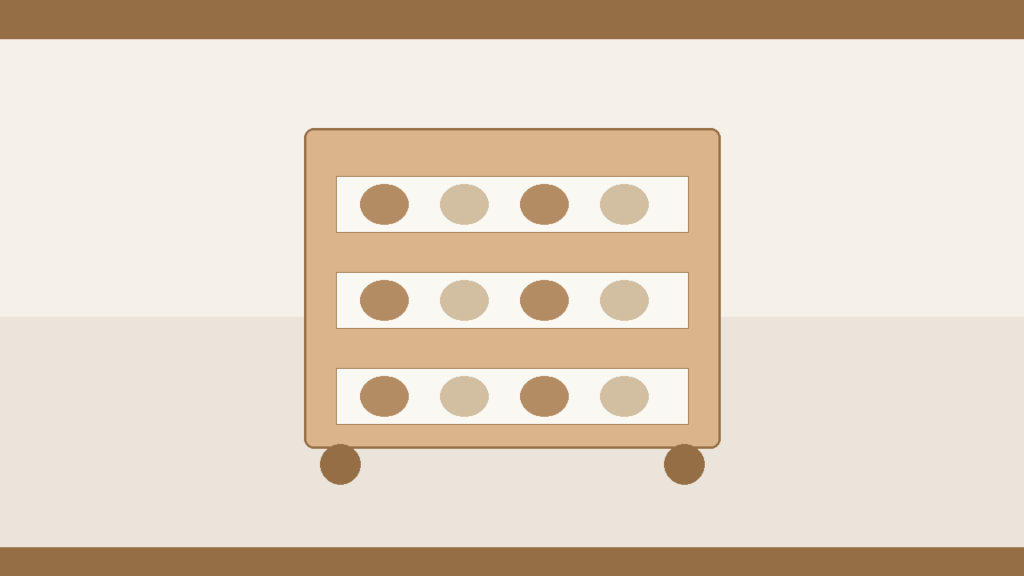 Rolling pantry cart with baskets organizing dry goods in a small rental kitchen