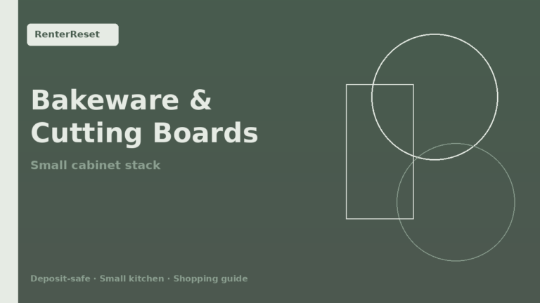 Vertical bakeware and cutting board organizer inside a small rental kitchen cabinet