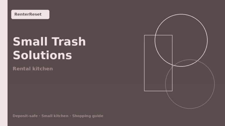 Slim trash can tucked beside cabinets in a small rental kitchen