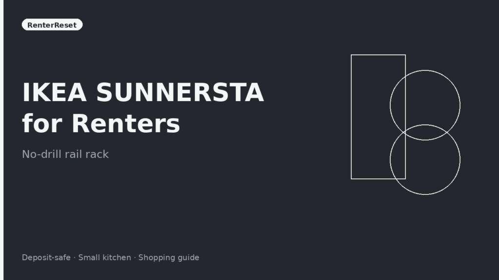 IKEA SUNNERSTA rail hanging under a rental kitchen cabinet with hooks