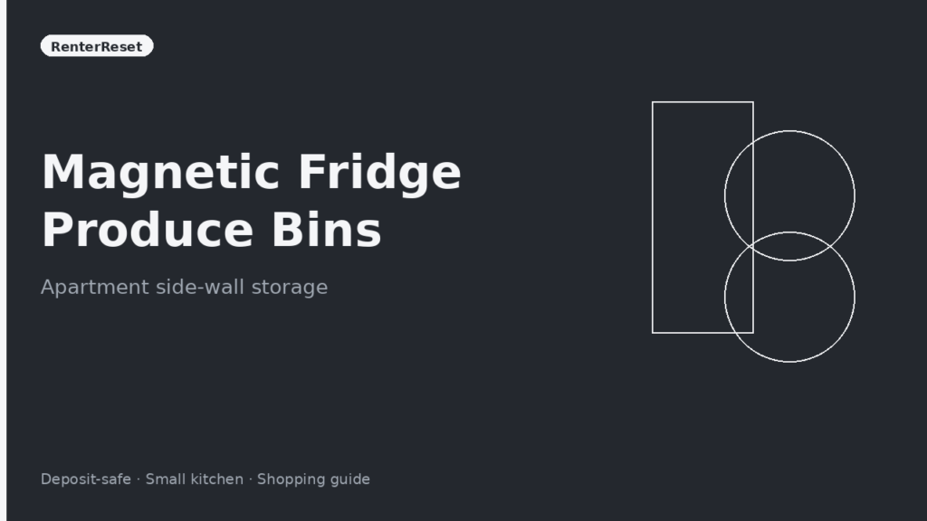 Magnetic produce bin stuck to the side of an apartment fridge holding onions and citrus
