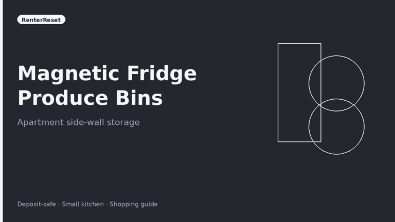 Magnetic produce bin stuck to the side of an apartment fridge holding onions and citrus