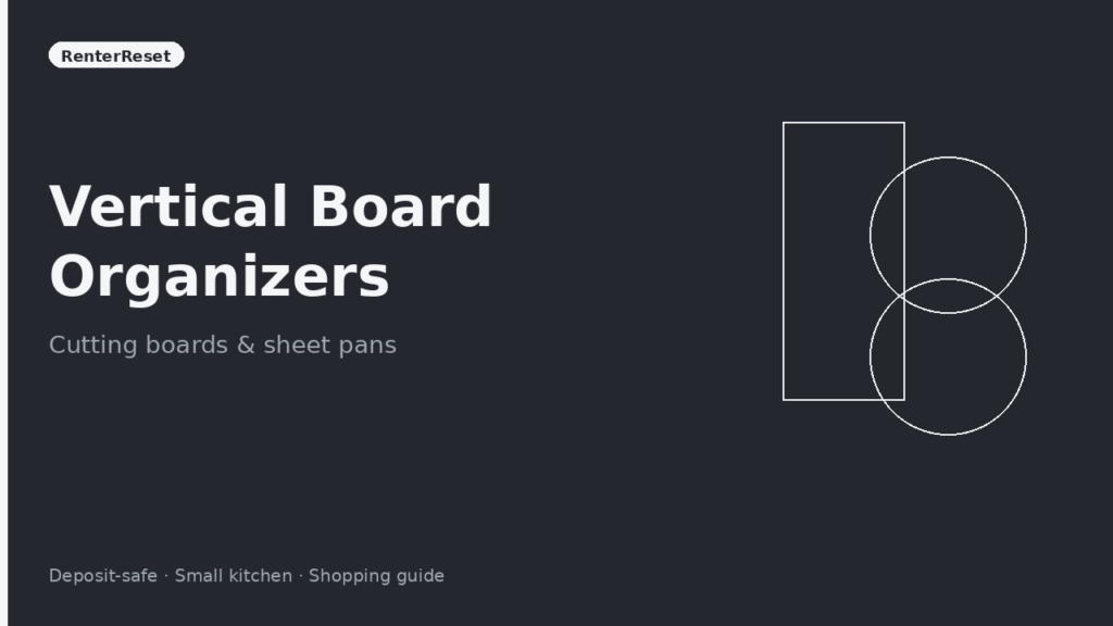 Vertical cutting board and sheet pan organizer standing in a narrow apartment cabinet