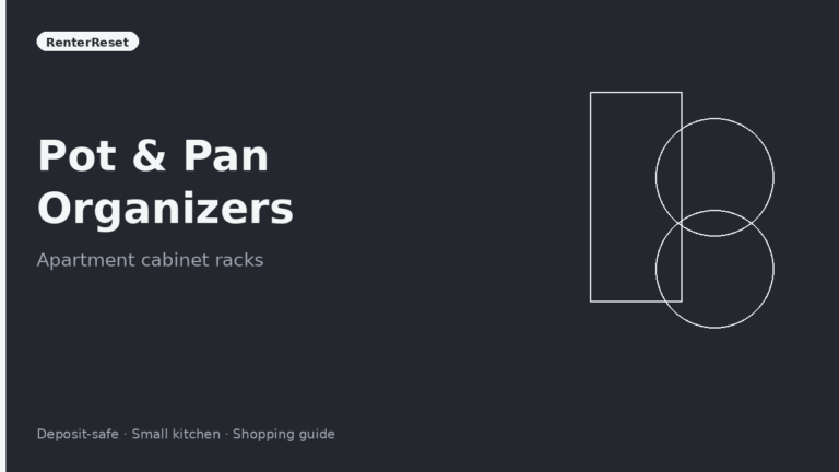 Vertical pot and pan organizer holding skillets in a narrow apartment base cabinet