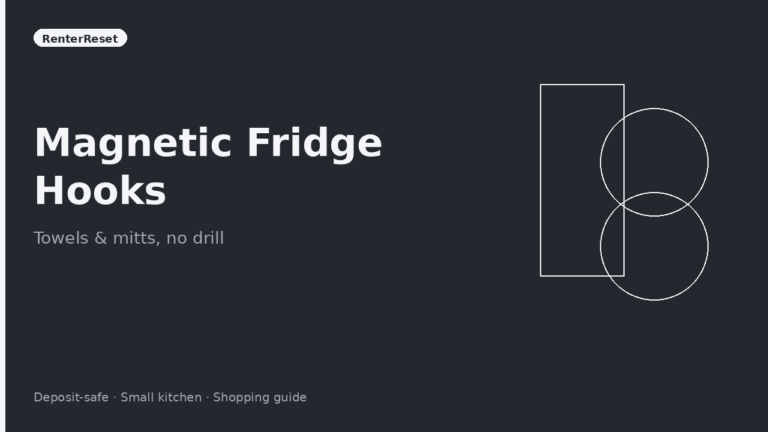 Magnetic hooks on an apartment fridge holding oven mitts and a kitchen towel