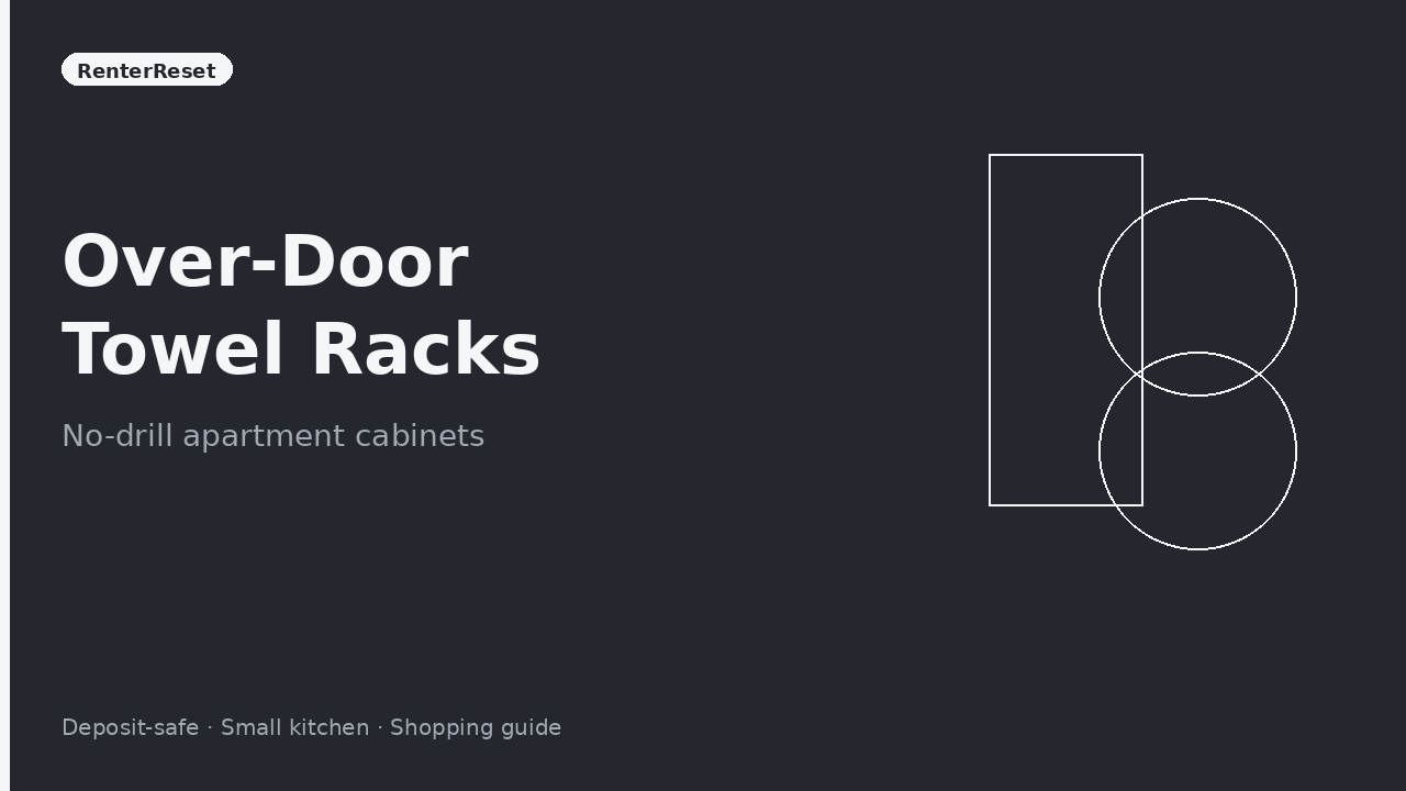 Over-door kitchen towel rack hanging on an apartment cabinet door with two towels