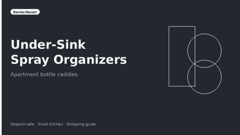 Spray bottle organizer tucked under an apartment sink around pipes