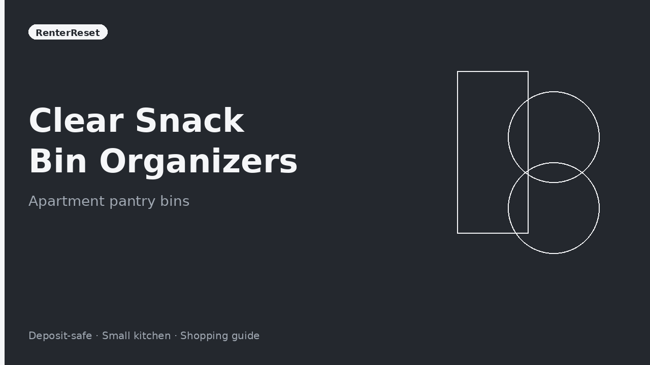 Clear snack bin organizers stacked in a small apartment pantry cabinet