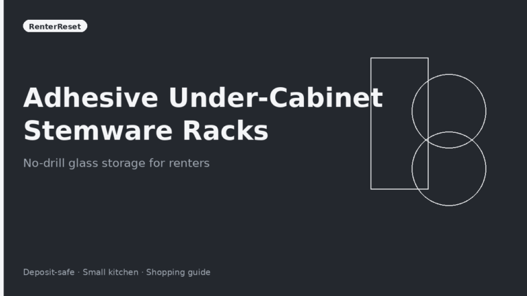 Adhesive under-cabinet stemware rack holding wine glasses in a rental kitchen