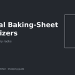 Vertical baking sheet organizer holding pans upright in an apartment pantry