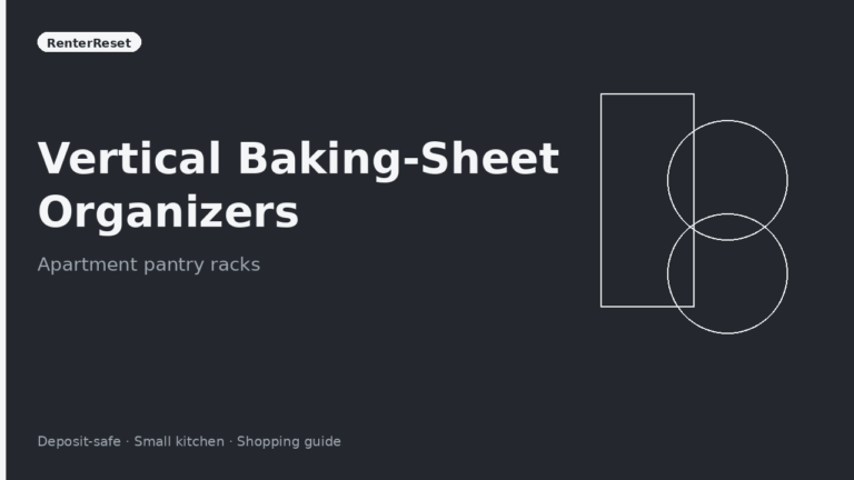 Vertical baking sheet organizer holding pans upright in an apartment pantry