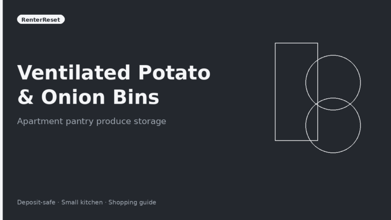 Ventilated bin holding potatoes and onions on an apartment pantry floor