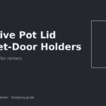Adhesive pot lid holder mounted on a rental kitchen cabinet door